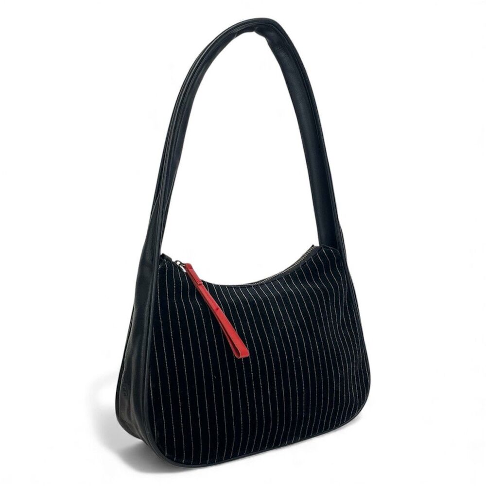 Principe Milano Striped Velvet Hobo Bag Y2K Black Leather Preppy Minimalist Chic